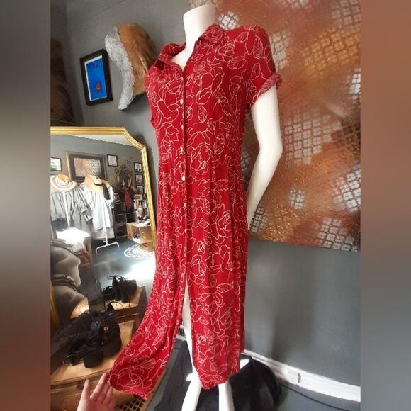 Vintage Eddie Bauer Red Floral Button-Down Midi Dress - Picture 12 of 16